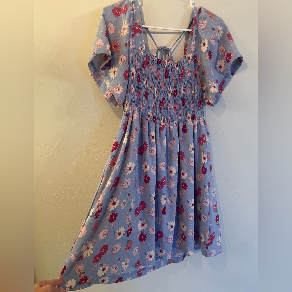 White Birch Blue Floral Smocked Mini Dress